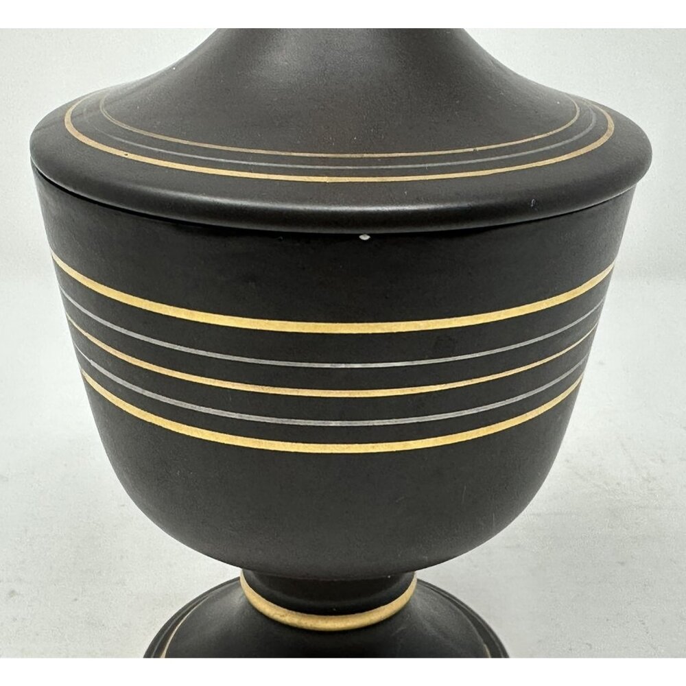 Vtg VEE JACKSON CALIFORNIA 10" URN w/ FINIAL LID Black/Brown Gold Silver Lines - Picture 12 of 13